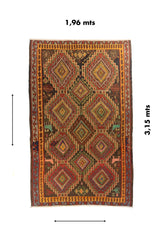 Alfombra artesanal de estilo tribal con diseño de rombos geométricos y medidas aproximadas de 1.96 x 3.15 metros