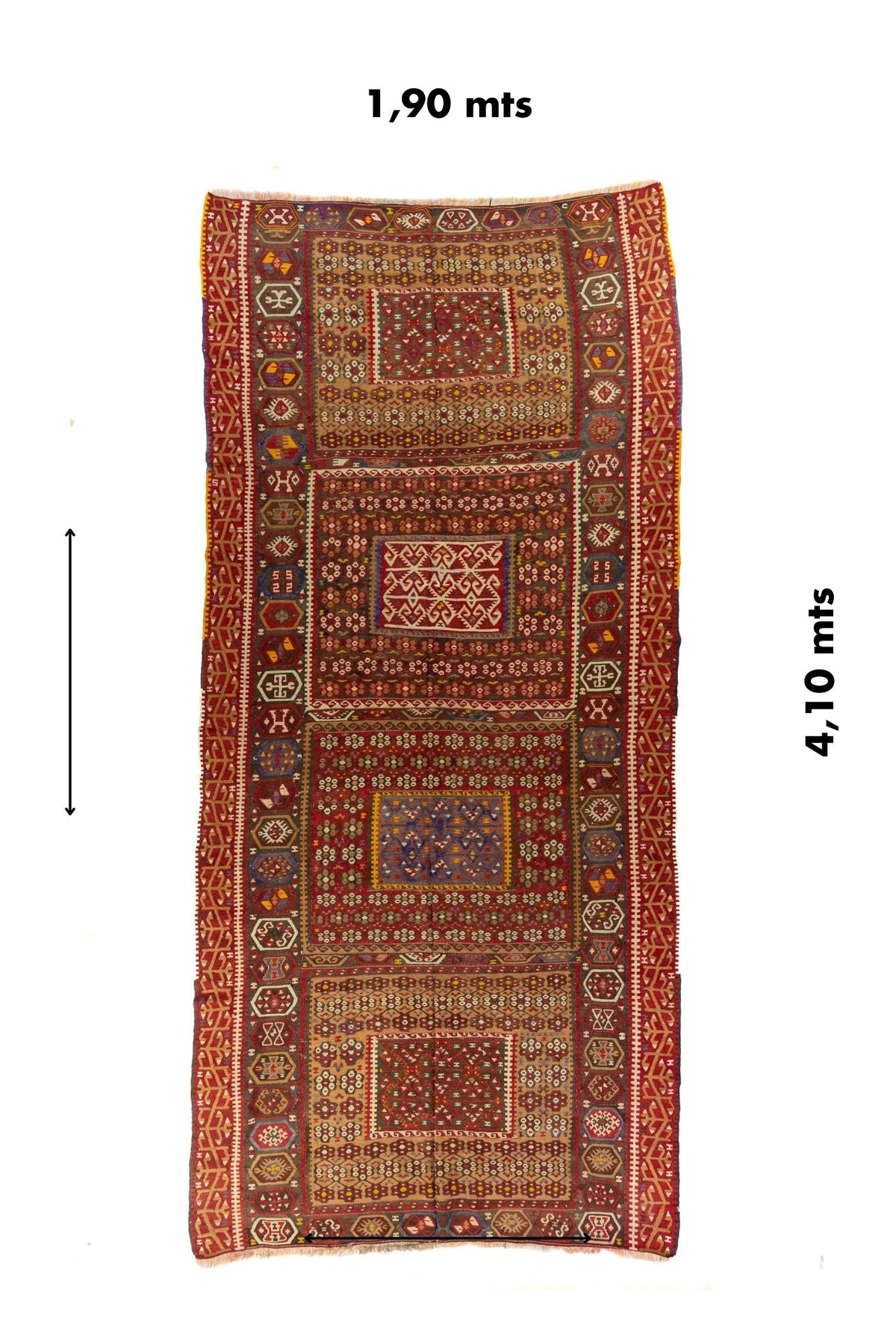Alfombra de pasillo artesanal con diseño geométrico tradicional y medidas aproximadas de 1.90 x 4.10 metros