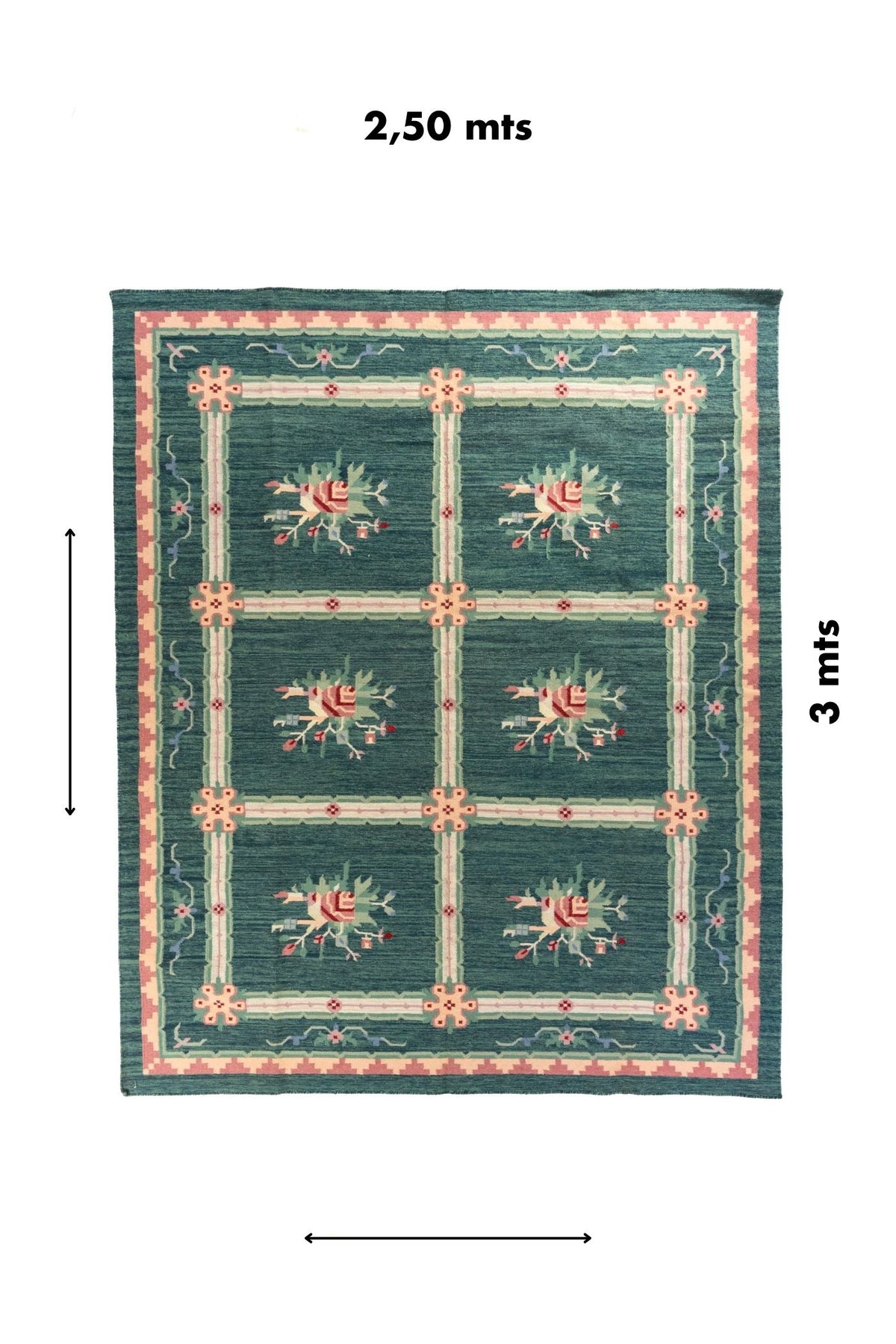 Alfombra rectangular de 2.50 x 3 metros en color verde y azul con cuadrícula decorativa y motivos florales