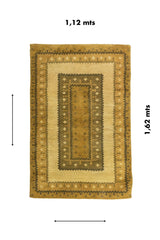 Alfombra rectangular de 1.12 x 1.62 metros en tonos dorado, beige y marrón con diseño geométrico concéntrico