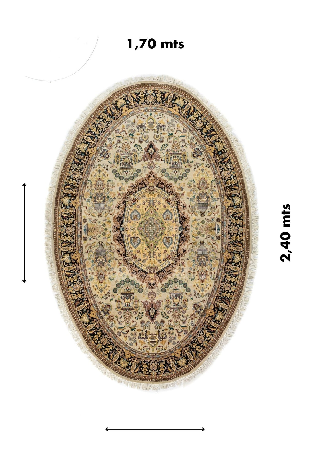 Alfombra oriental ovalada de 1.70 x 2.40 metros con diseño clásico ornamental y referencia visual de medidas