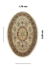 Alfombra oriental ovalada de 1.70 x 2.40 metros con diseño clásico ornamental y referencia visual de medidas