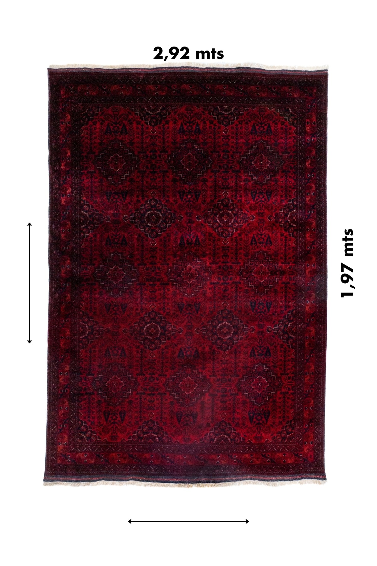 Alfombra Persa Afgan rectangular de 2.92 x 1.97 mts en tono rojo.