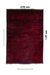 Alfombra Persa Afgan rectangular de 2.92 x 1.97 mts en tono rojo.