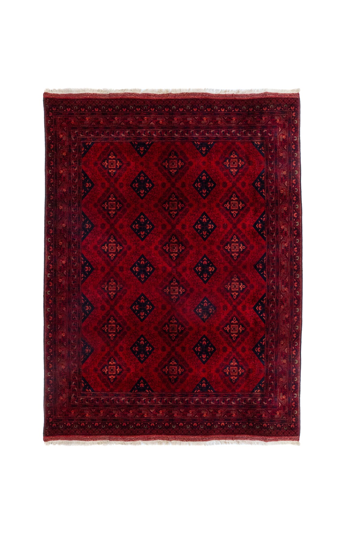 Alfombra Persa Afgan rectangular roja con diseño geométrico tradicional y guarda decorativa