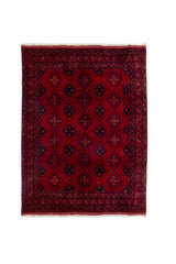 Alfombra Persa Afgan rectangular roja con diseño geométrico tradicional y guarda decorativa