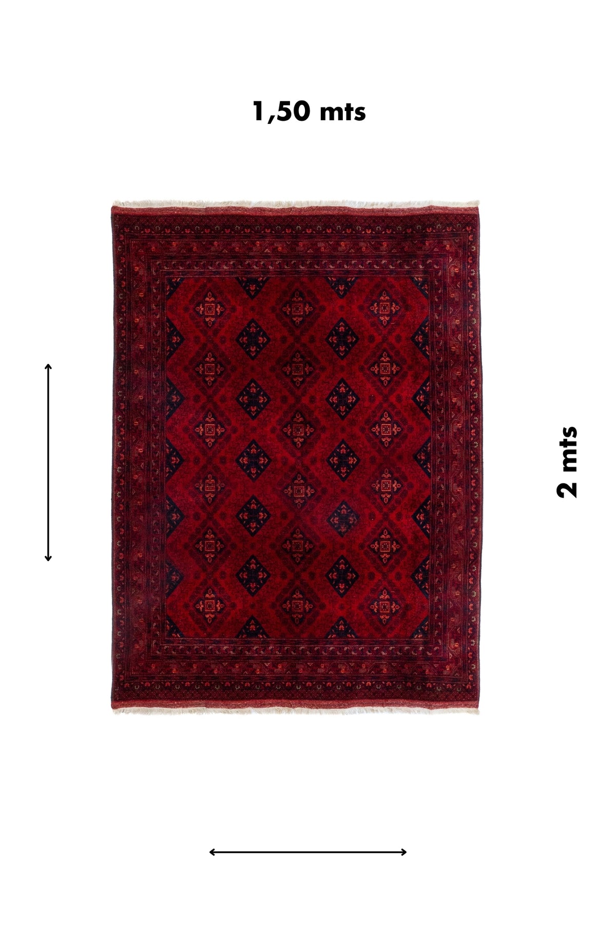 Alfombra Persa Afgan rectangular roja medida 1.50 x 2 mts con diseño geométrico