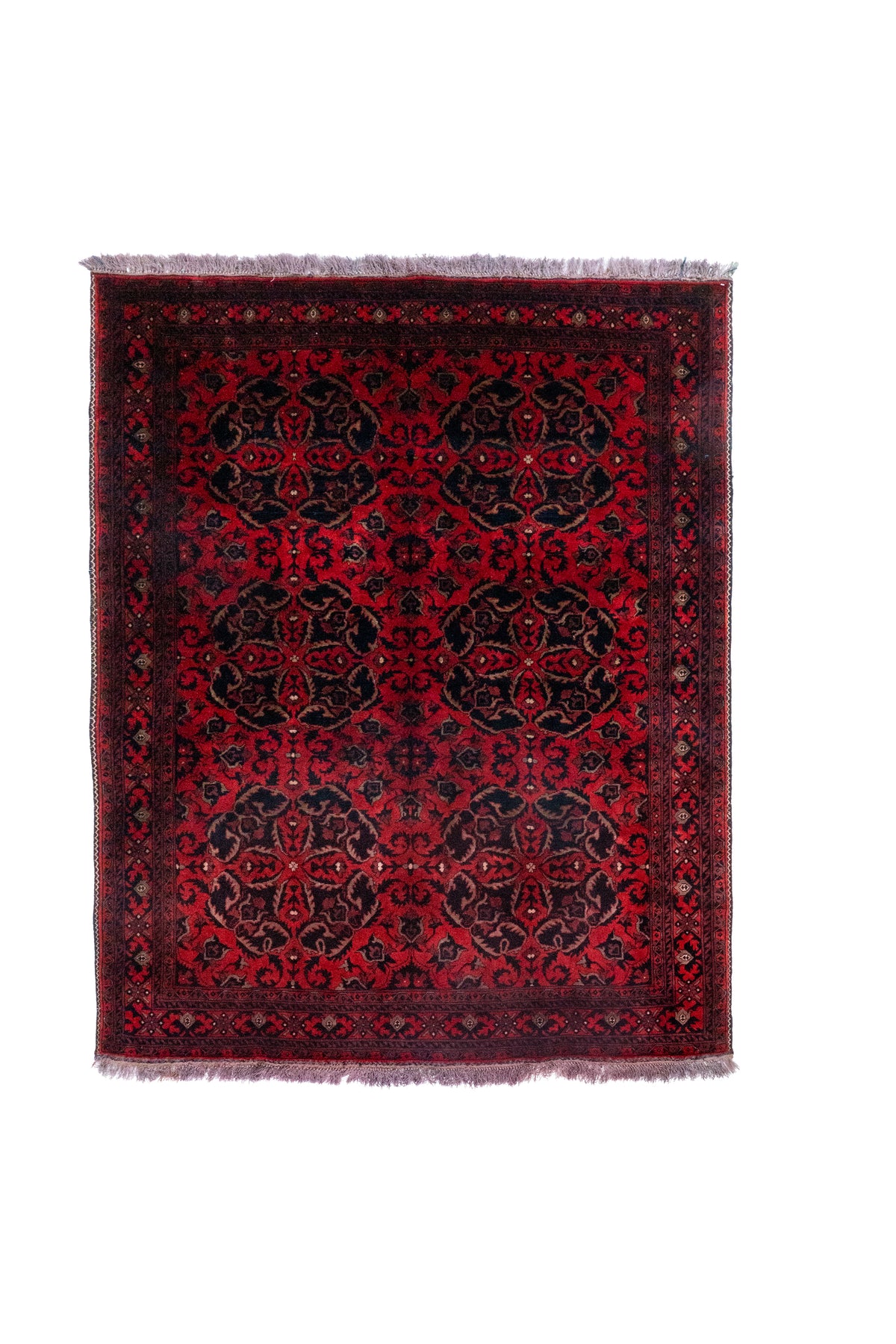 Alfombra Persa Afgan rectangular roja con diseño floral tradicional y guarda decorativa