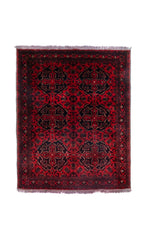 Alfombra Persa Afgan rectangular roja con diseño floral tradicional y guarda decorativa