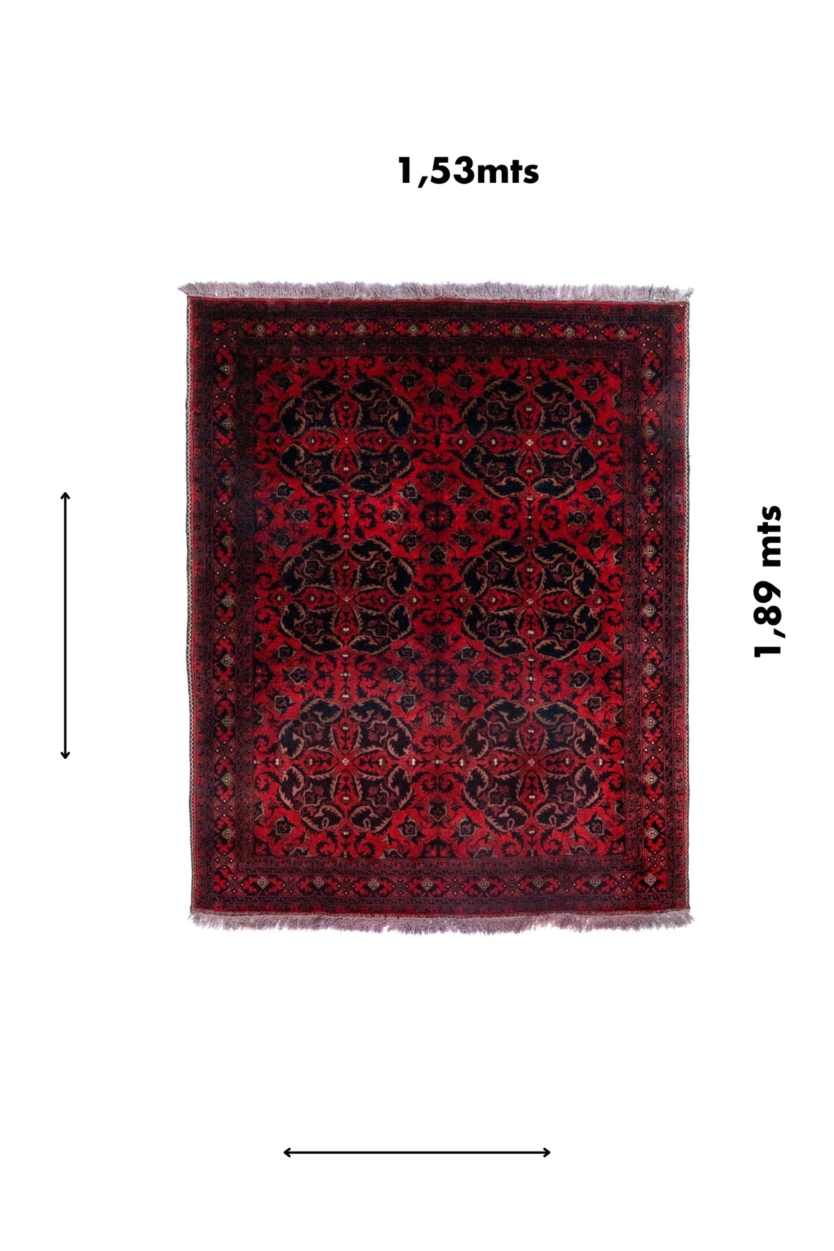 Alfombra Persa Afgan rectangular roja medida 1.53 x 1.89 mts con diseño floral tradicion