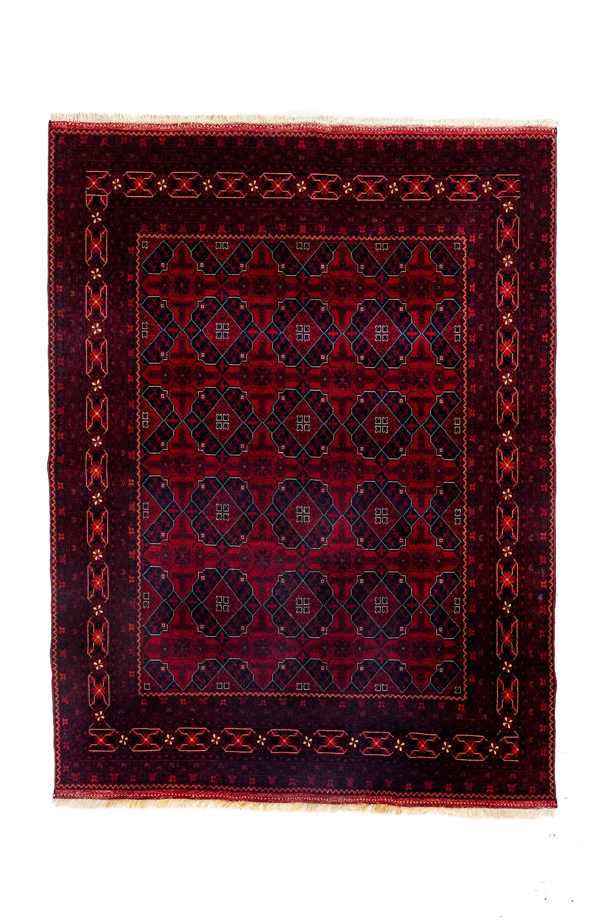 Alfombra Persa Afgan rectangular roja con diseño geométrico tradicional y guarda decorativa