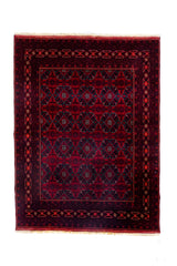 Alfombra Persa Afgan rectangular roja con diseño geométrico tradicional y guarda decorativa