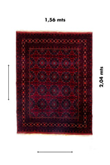 Alfombra Persa Afgan rectangular roja medida 1.56 x 2.04 mts con diseño geométrico