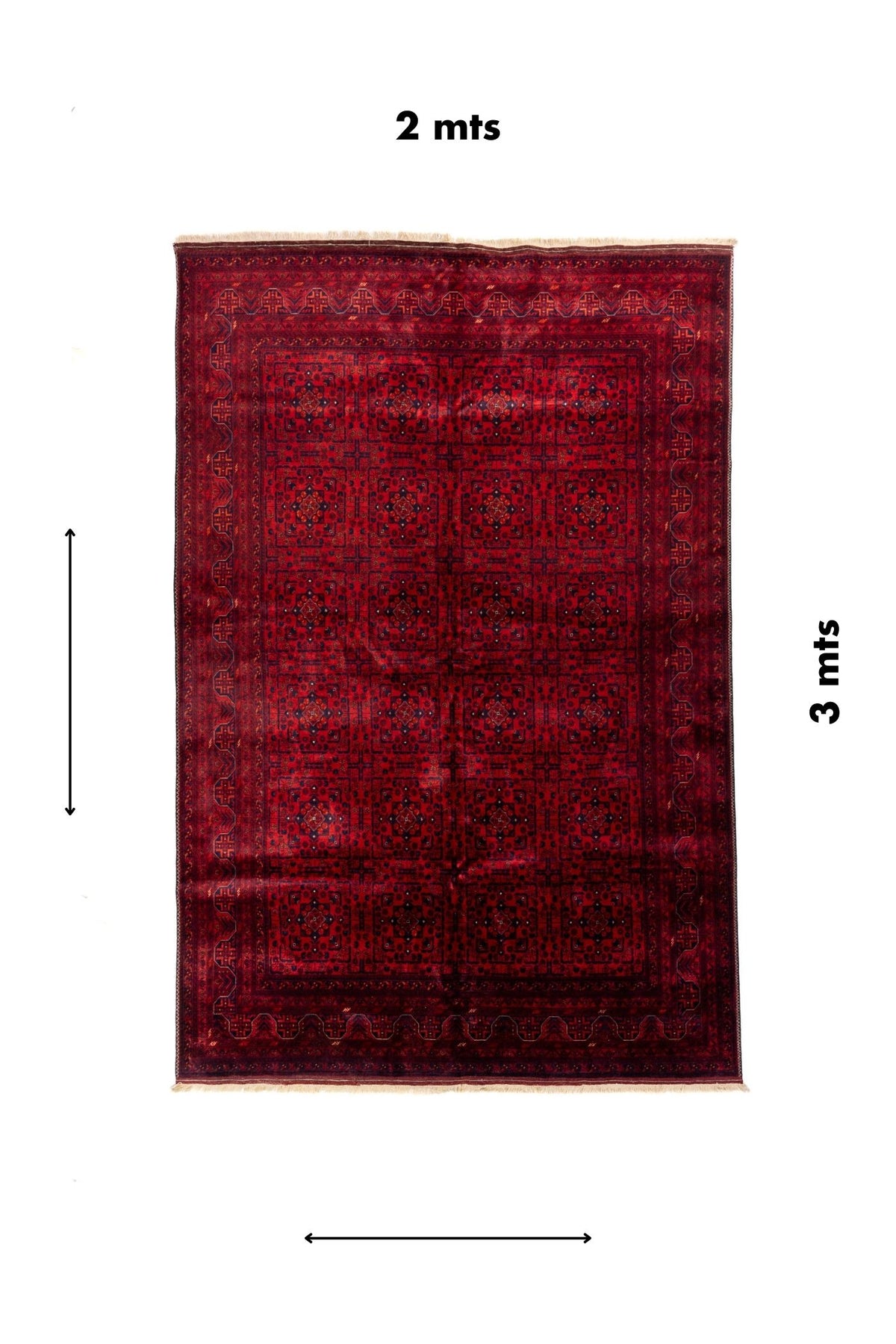 Alfombra oriental rectangular de 2 x 3 metros en color rojo intenso con diseño geométrico repetitivo y flecos beige.