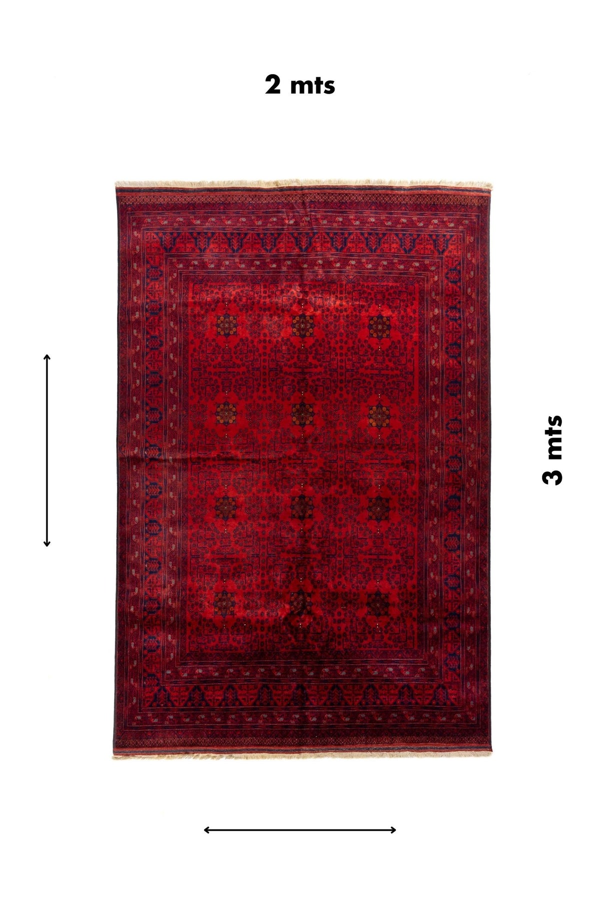 Alfombra oriental rectangular de 2 x 3 metros en color rojo intenso con diseño geométrico simétrico, bordes decorativos y flecos beige.
