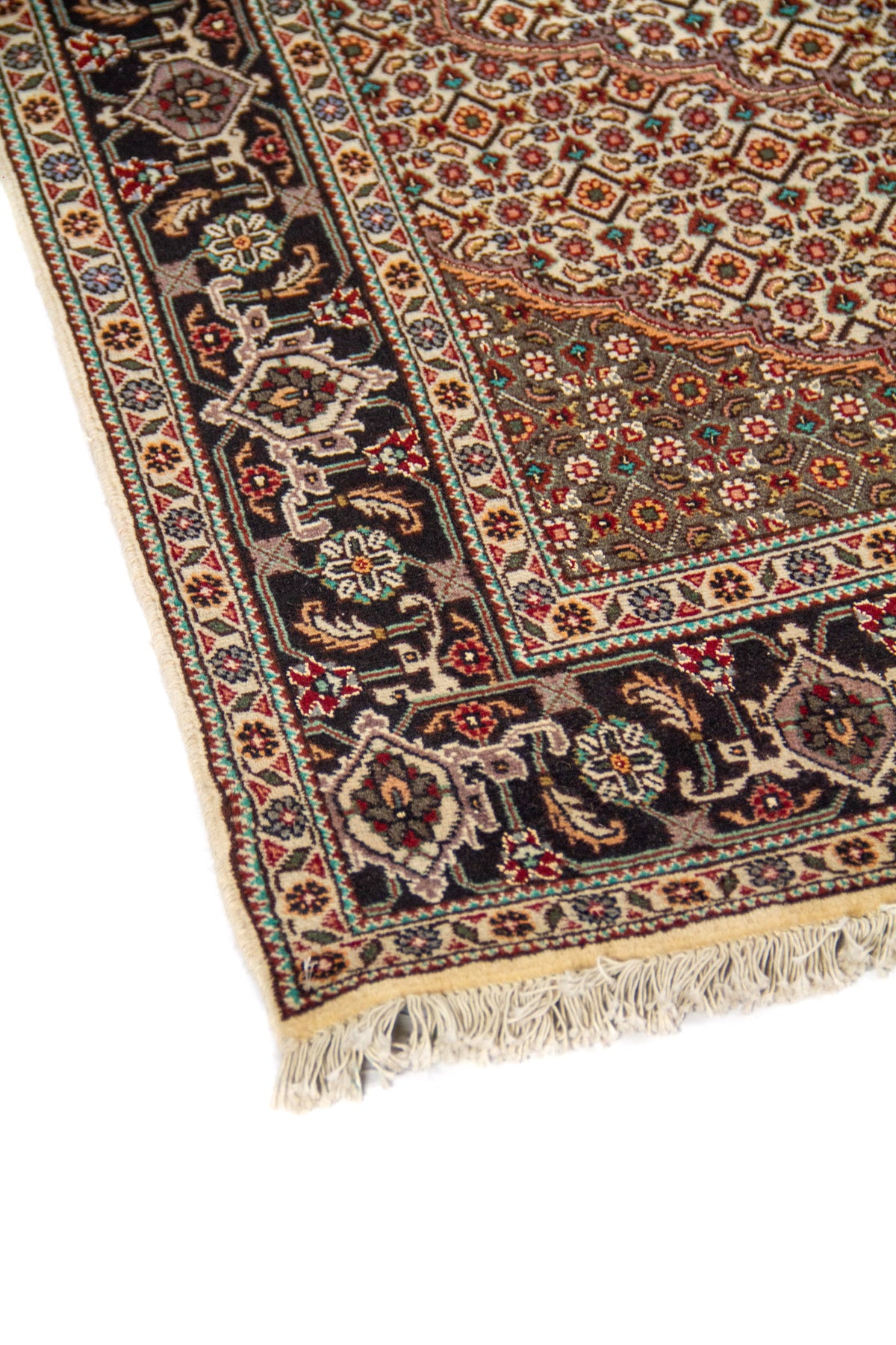 Primer plano del borde de alfombra clásica con guarda negra ornamentada y patrón geométrico en tonos beige, rojo oscuro y celeste