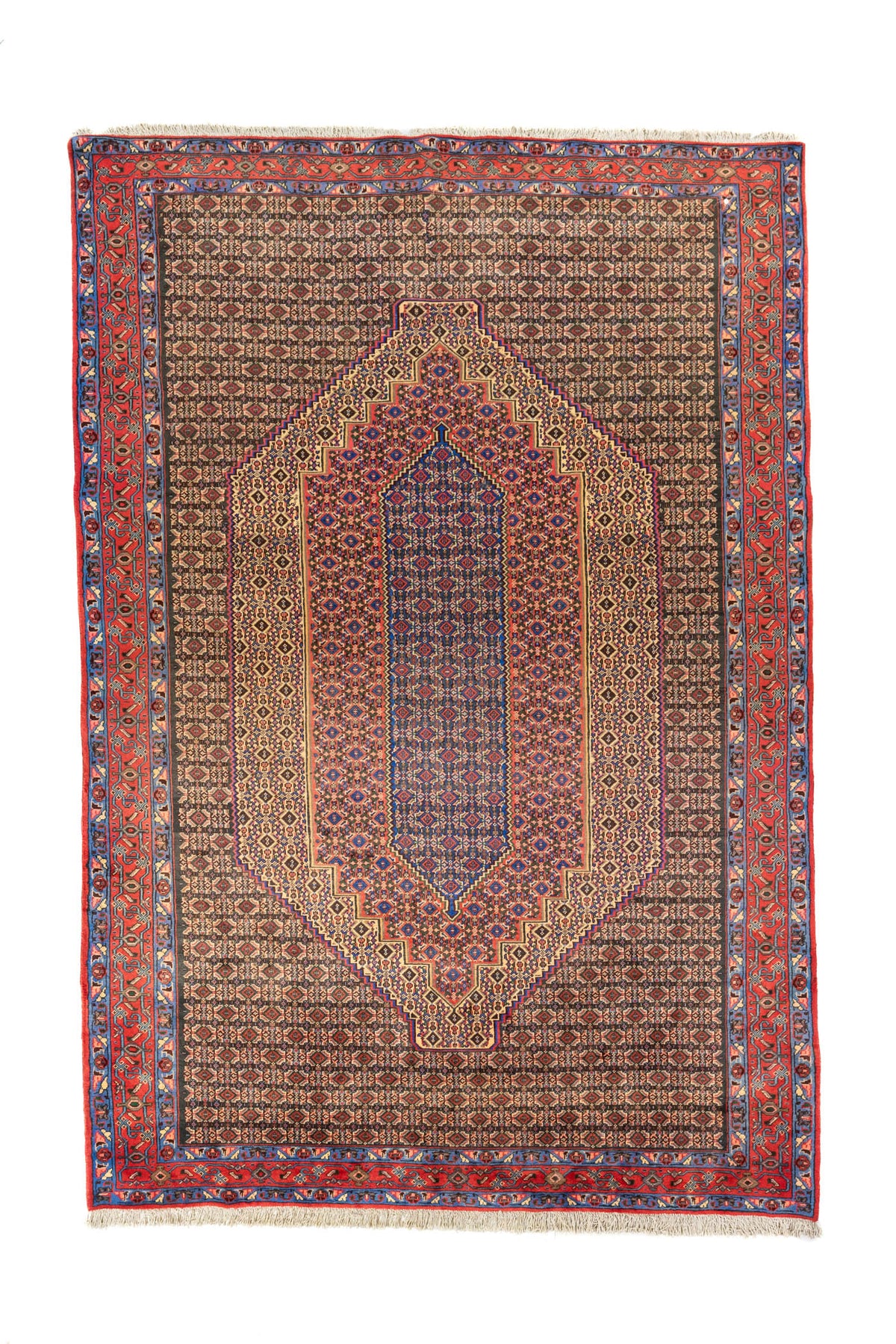 Alfombra oriental rectangular en tonos marrón, rojo y azul con gran medallón geométrico central y guarda decorativa en rojo intenso