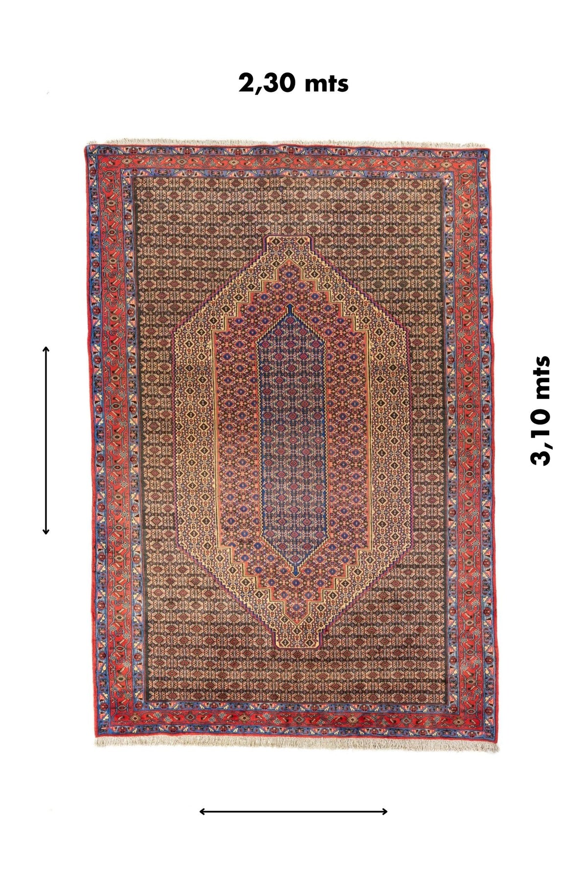 Alfombra oriental rectangular de 2.30 x 3.10 metros con diseño geométrico tradicional y referencia visual de medidas