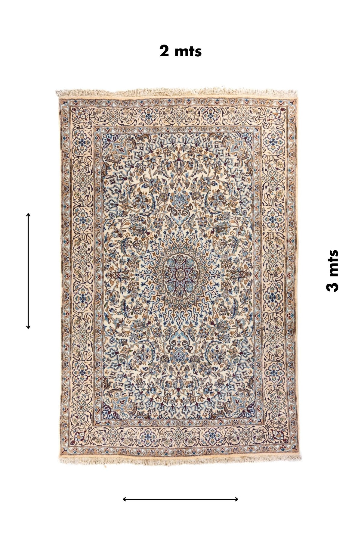 Alfombra rectangular de 2 x 3 metros en tonos blanco suave, azul y celeste, con medallón central floral 