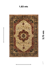 Alfombra rectangular de 1,83 x 2,75 metros en tonos blanco suave, rojo oscuro, negro y beige, con medallón central floral y guardas clásicas ornamentales.