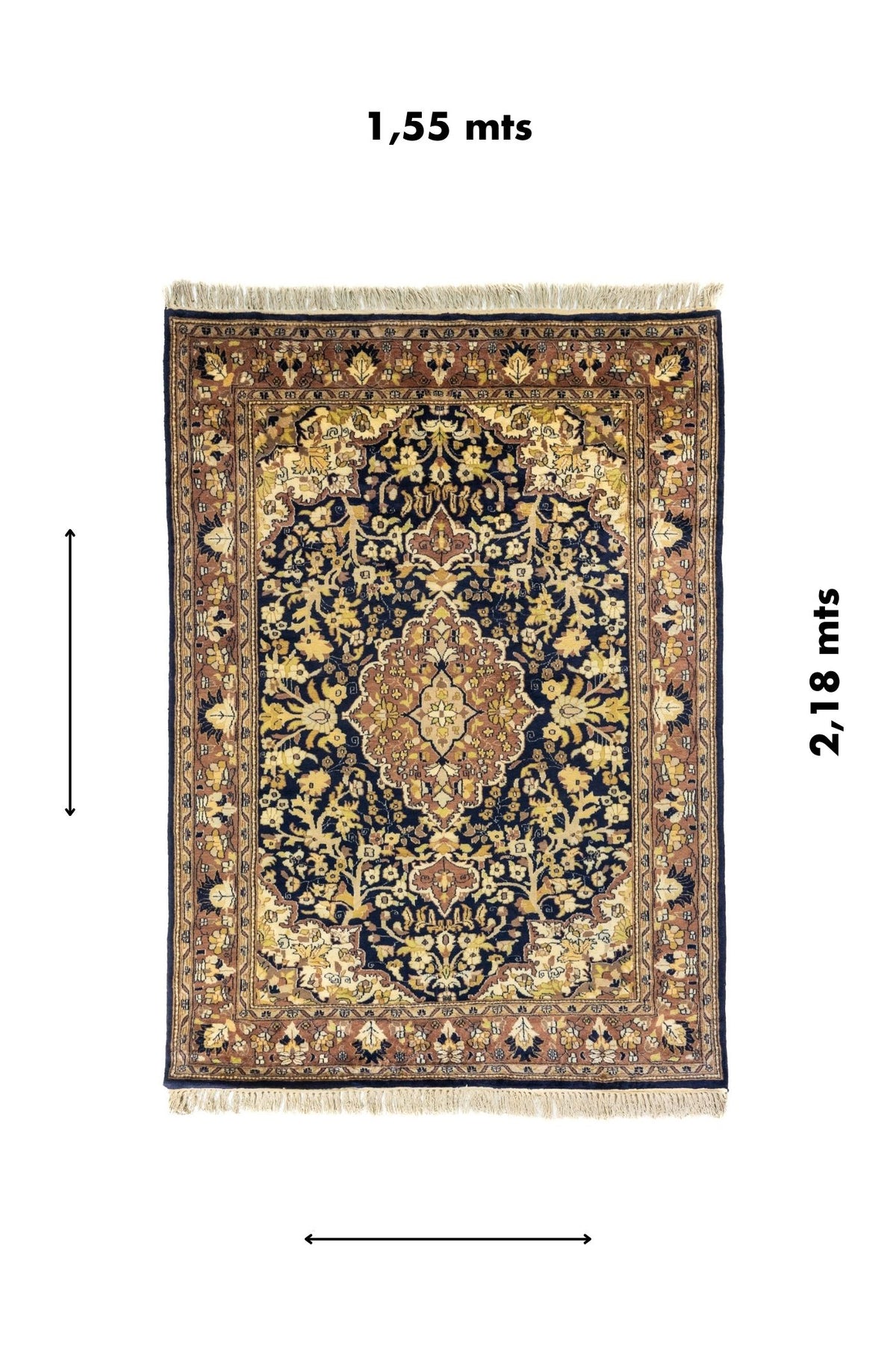 Alfombra oriental rectangular de 1.55 x 2.18 metros con diseño floral central y referencia visual de medidas