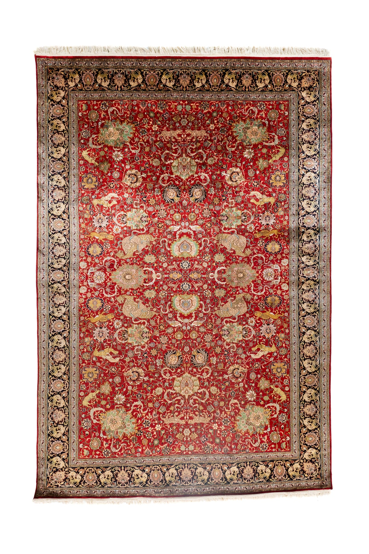 Alfombra Persa Ispahan Seda rectangular roja con guarda oscura y diseño floral clásico