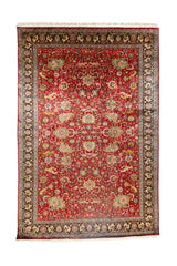 Alfombra Persa Ispahan Seda rectangular roja con guarda oscura y diseño floral clásico