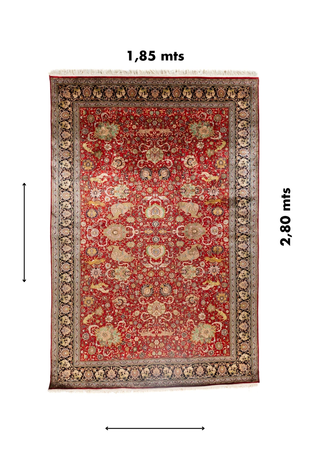Alfombra Persa Ispahan Seda rectangular de 1,85 x 2,80 mts en tonos rojo, negro y blanco