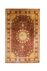 Alfombra Persa Ispahan Seda rectangular con diseño floral clásico y medallón central