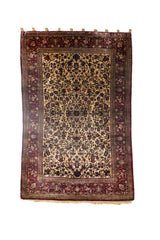 Alfombra Persa Ispahan Seda Antik rectangular beige con guarda roja y diseño floral vintage