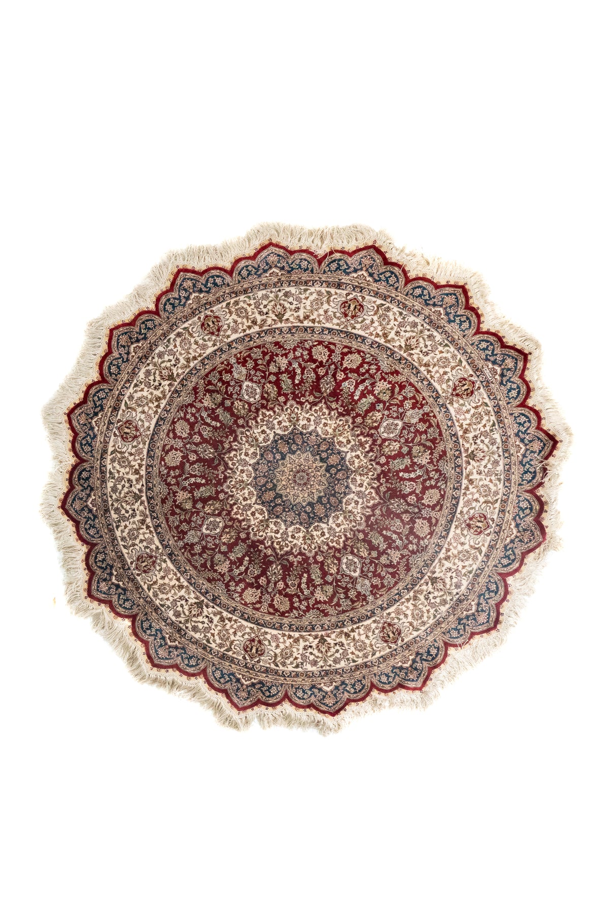Alfombra persa Ispahan Seda redonda en tonos rojo, beige y azul con diseño floral clásico