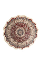 Alfombra persa Ispahan Seda redonda en tonos rojo, beige y azul con diseño floral clásico