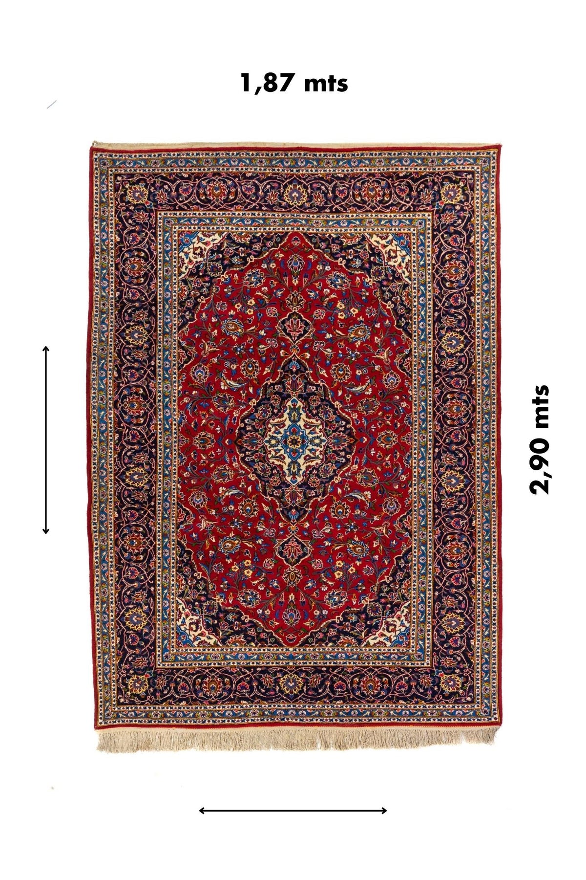 Alfombra oriental rectangular de 1.87 x 2.90 metros con diseño floral clásico y referencia visual de medidas