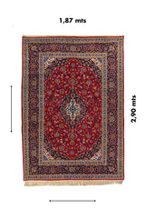 Alfombra oriental rectangular de 1.87 x 2.90 metros con diseño floral clásico y referencia visual de medidas