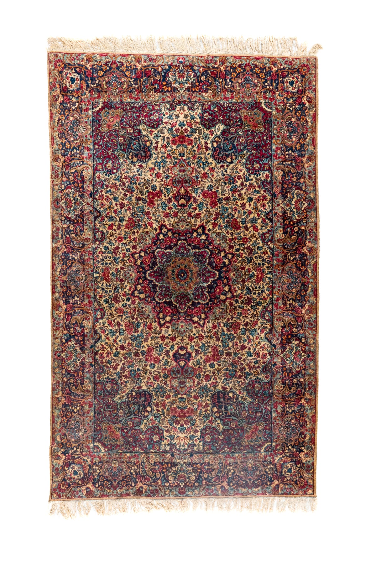 Alfombra persa Kirman Antik rectangular en tonos rojo y azul con diseño floral vintage