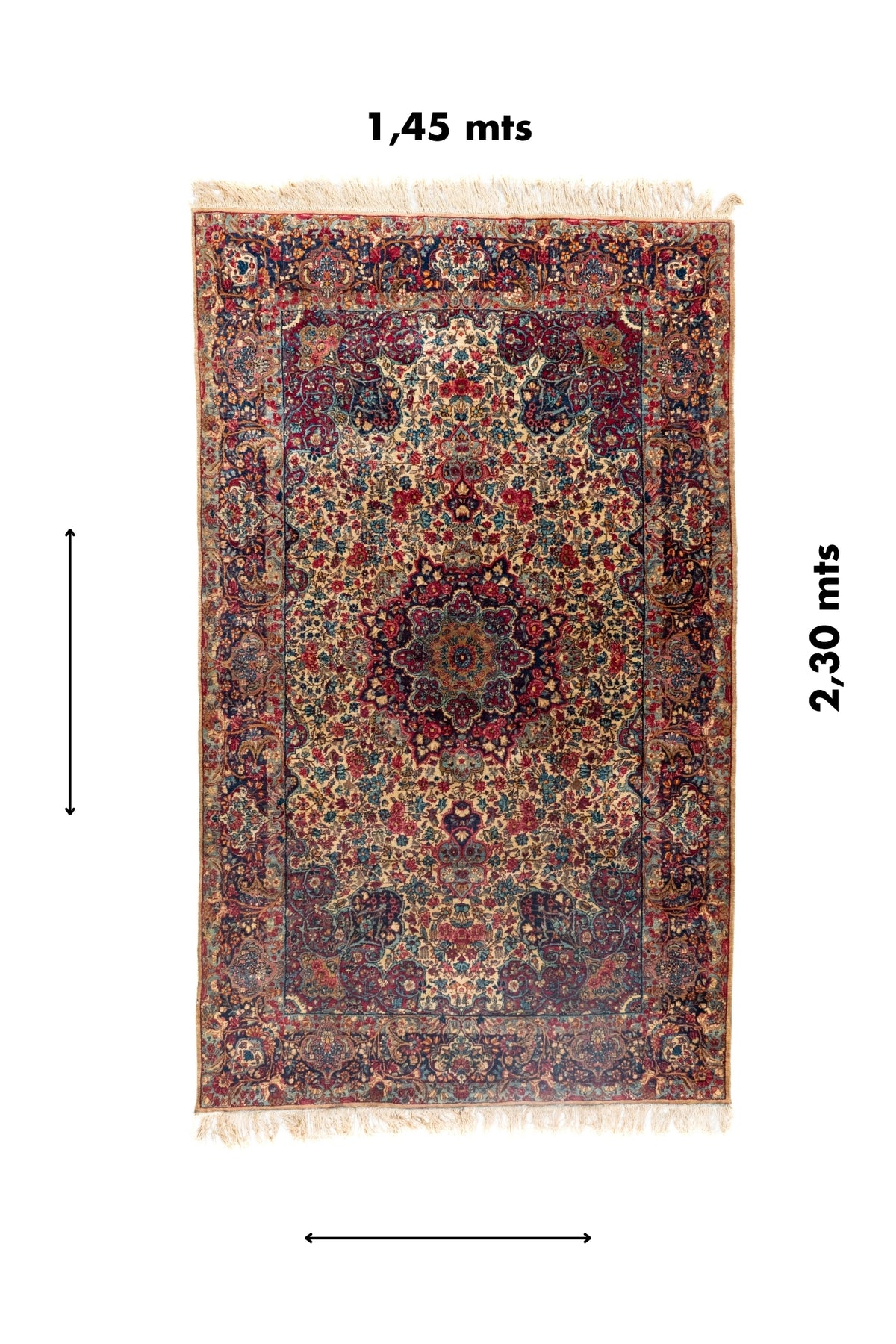 Alfombra persa Kirman Antik rectangular de 1.45 x 2.30 mts con diseño floral vintage