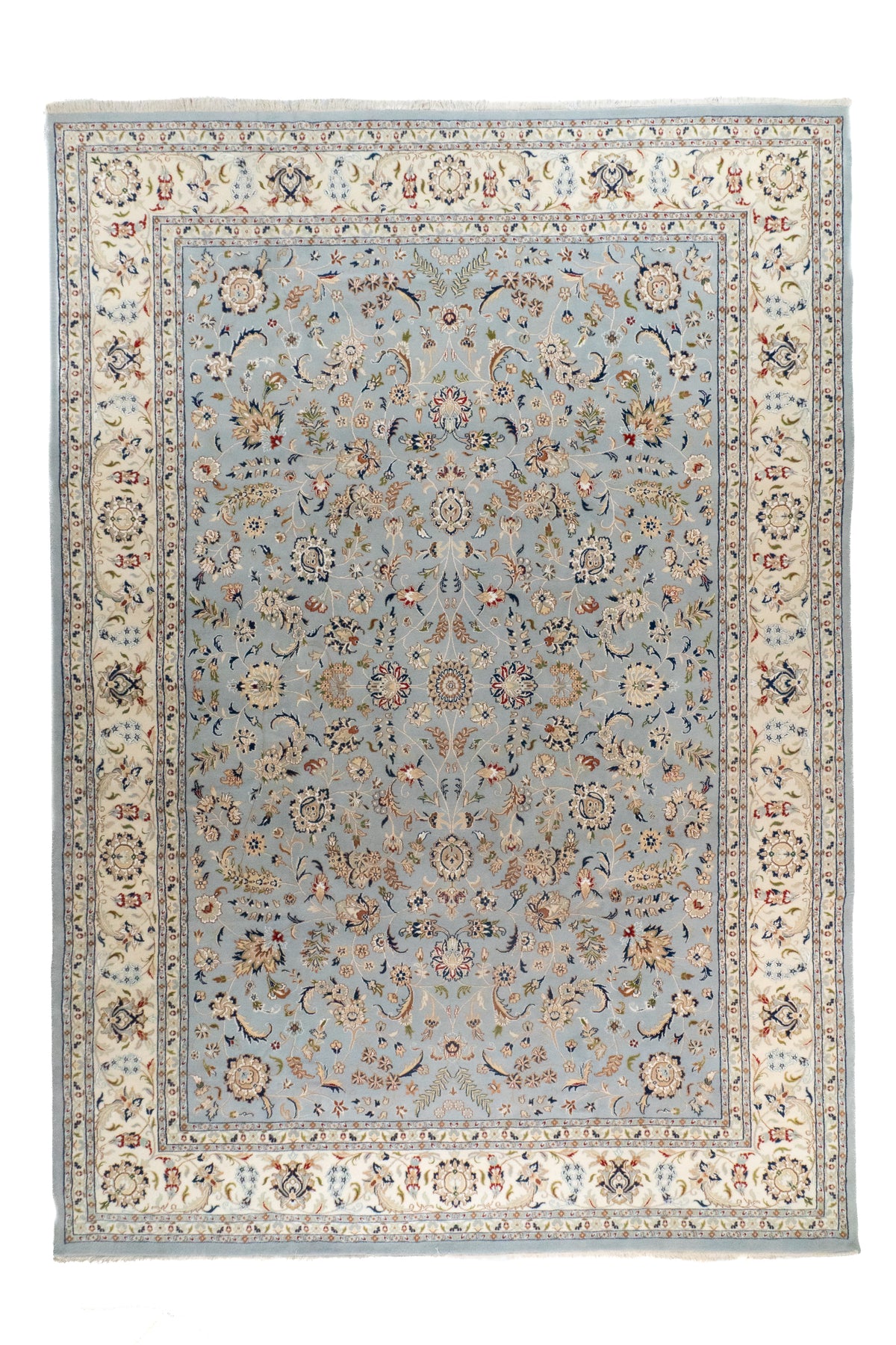 Alfombra Persa Nain rectangular celeste con guarda crema y diseño floral clásico