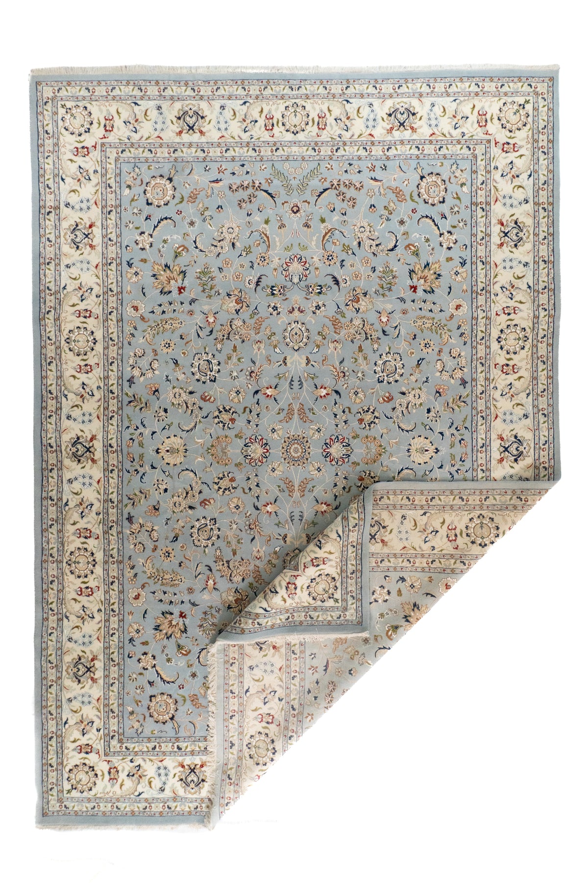 Alfombra Persa Nain celeste con esquina doblada, diseño floral y guarda ornamental