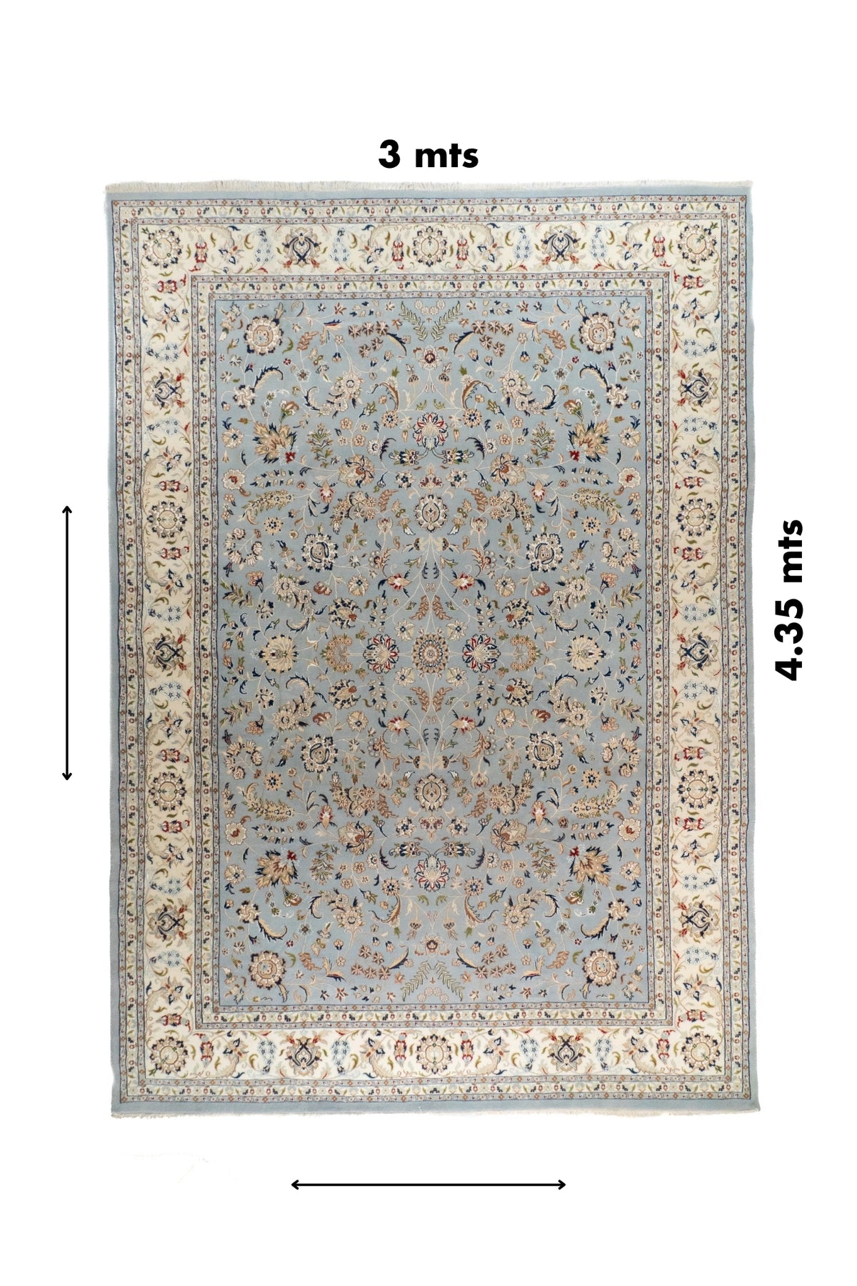 Alfombra Persa Nain rectangular de 3 x 4,35 mts en tonos celeste y beige