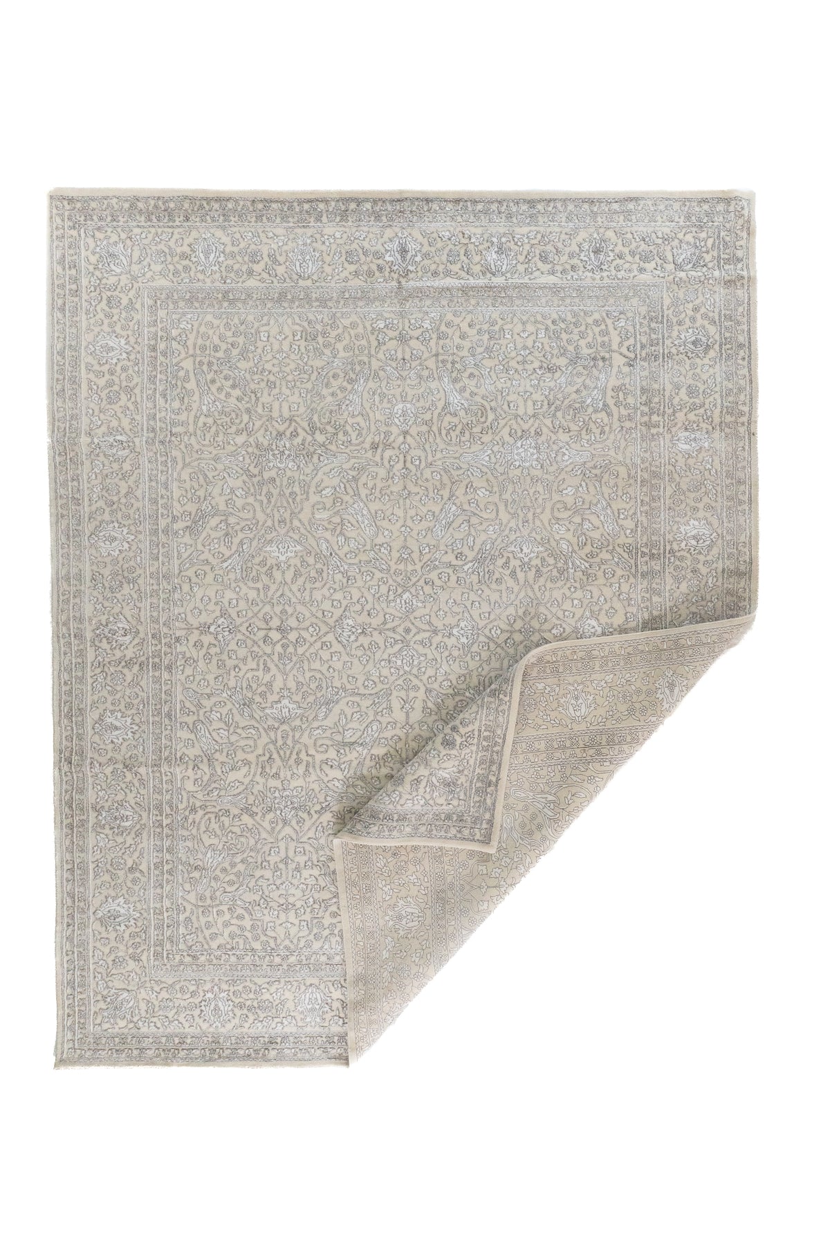 Alfombra Persa Nain beige con esquina doblada y diseño floral ornamental
