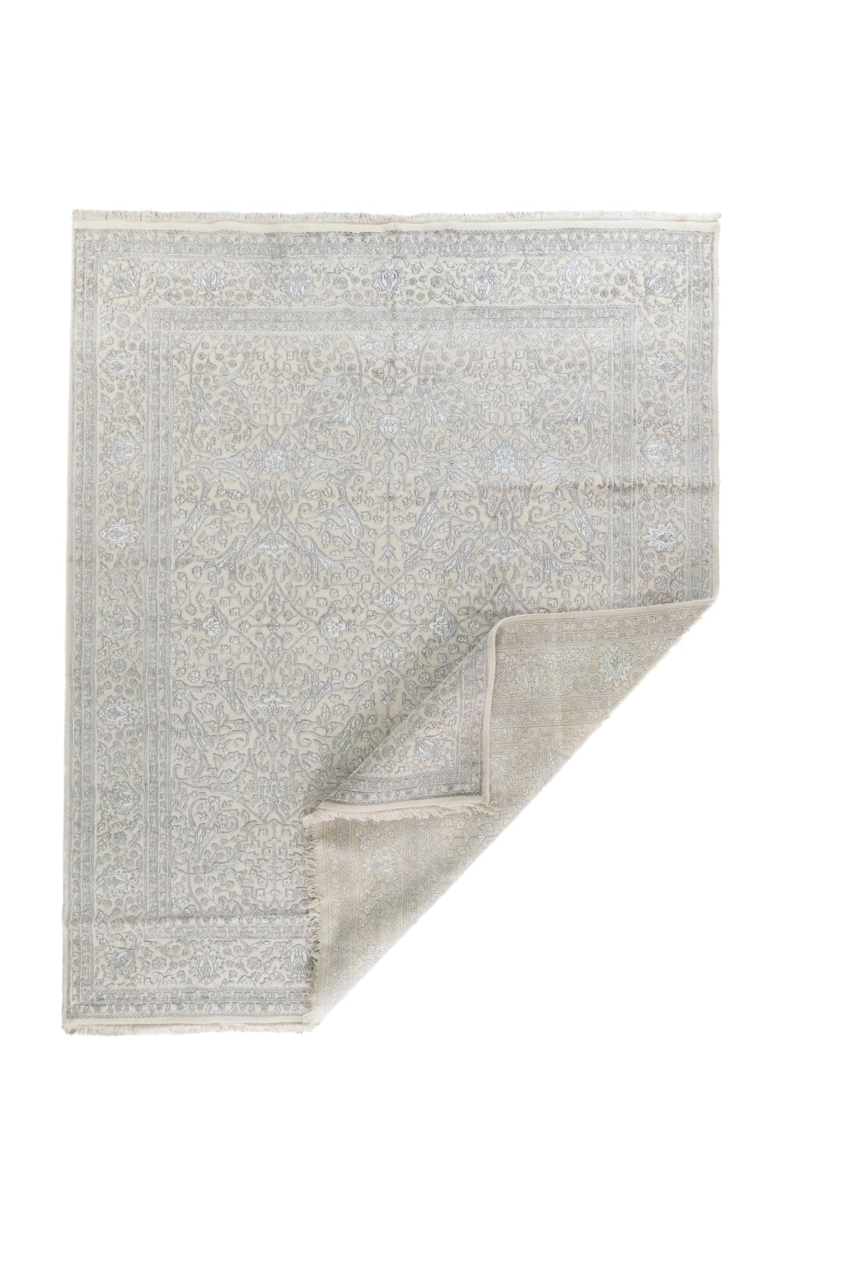 Alfombra Persa Nain beige con esquina doblada y diseño floral ornamental