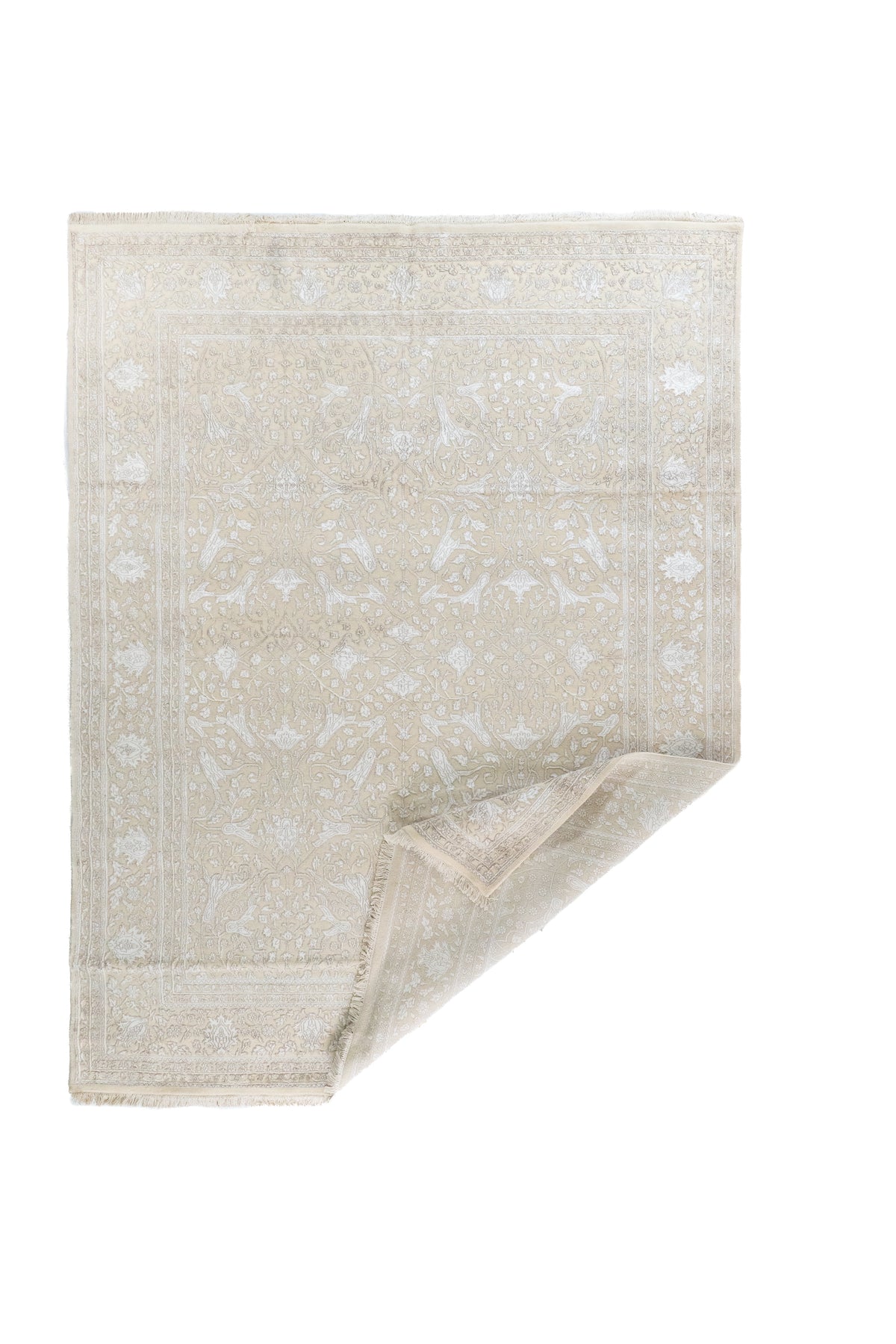 Alfombra Persa Nain beige con esquina doblada y diseño floral ornamental