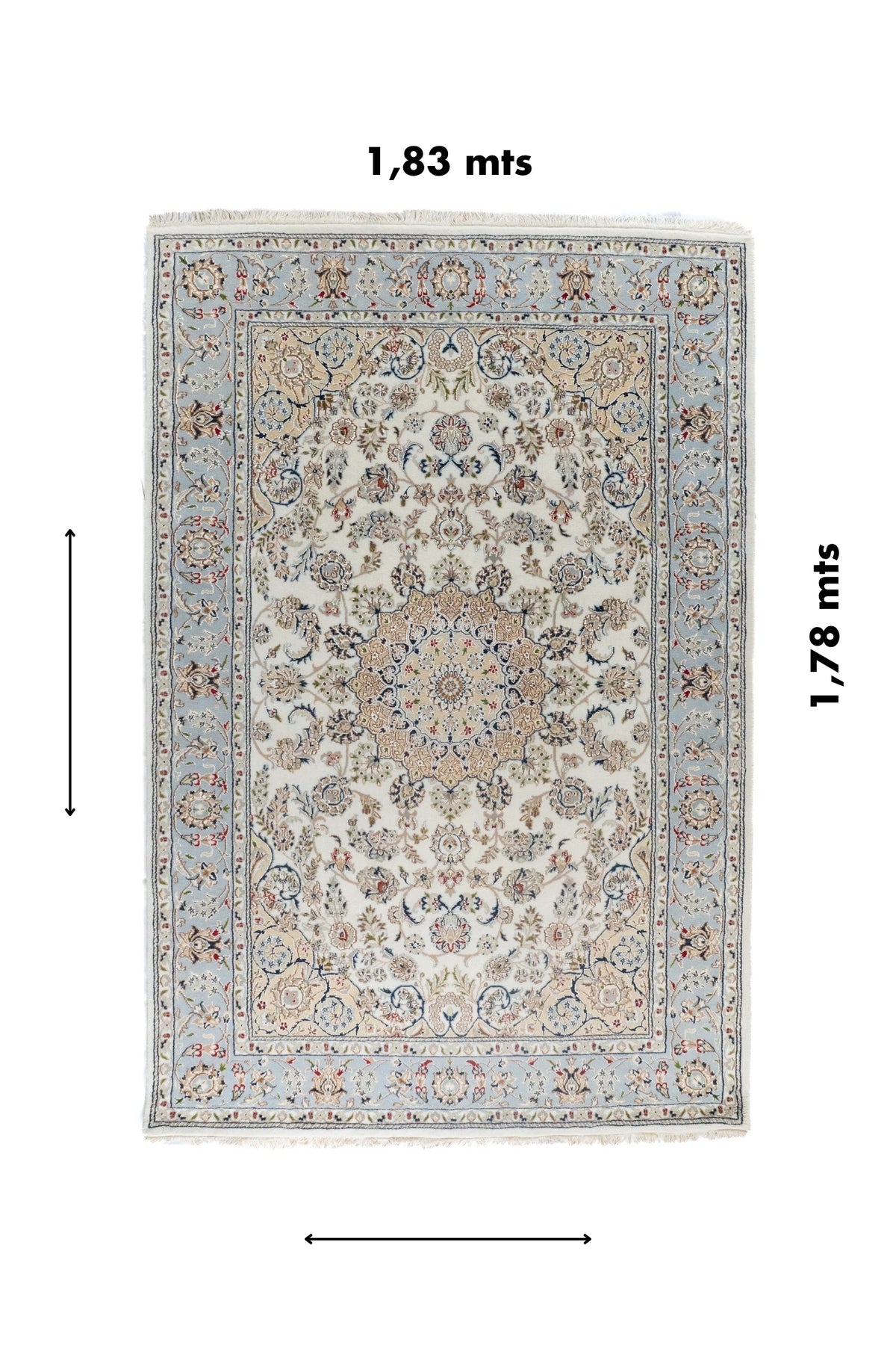 Alfombra Persa Nain de 1.83 x 1.78 mts en tonos blanco, celeste y beige