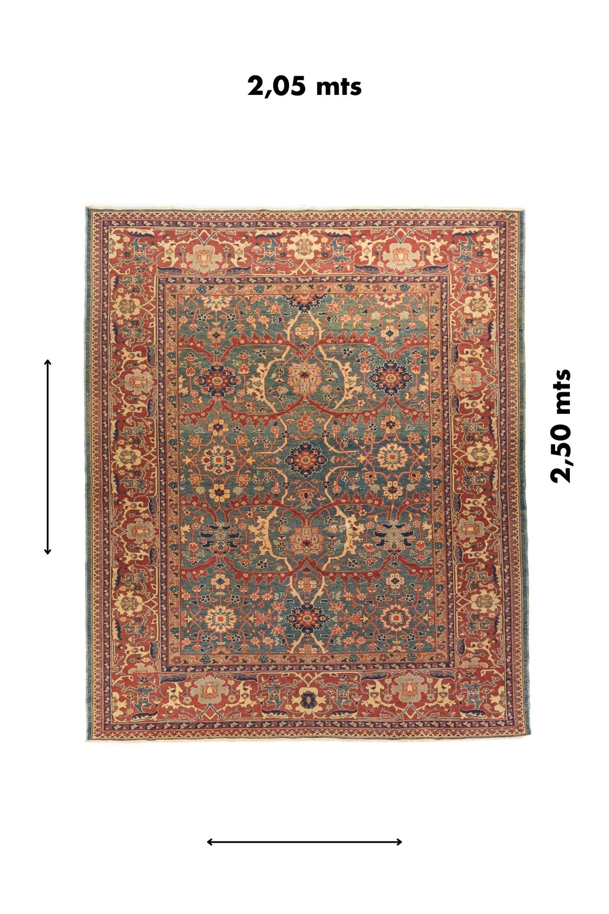 Imagen completa con medidas visibles de 2.05 x 2.50 metros. Esta toma permite apreciar las proporciones de la alfombra y la relación armónica entre el campo central, la guarda principal y las cenefas que la enmarcan