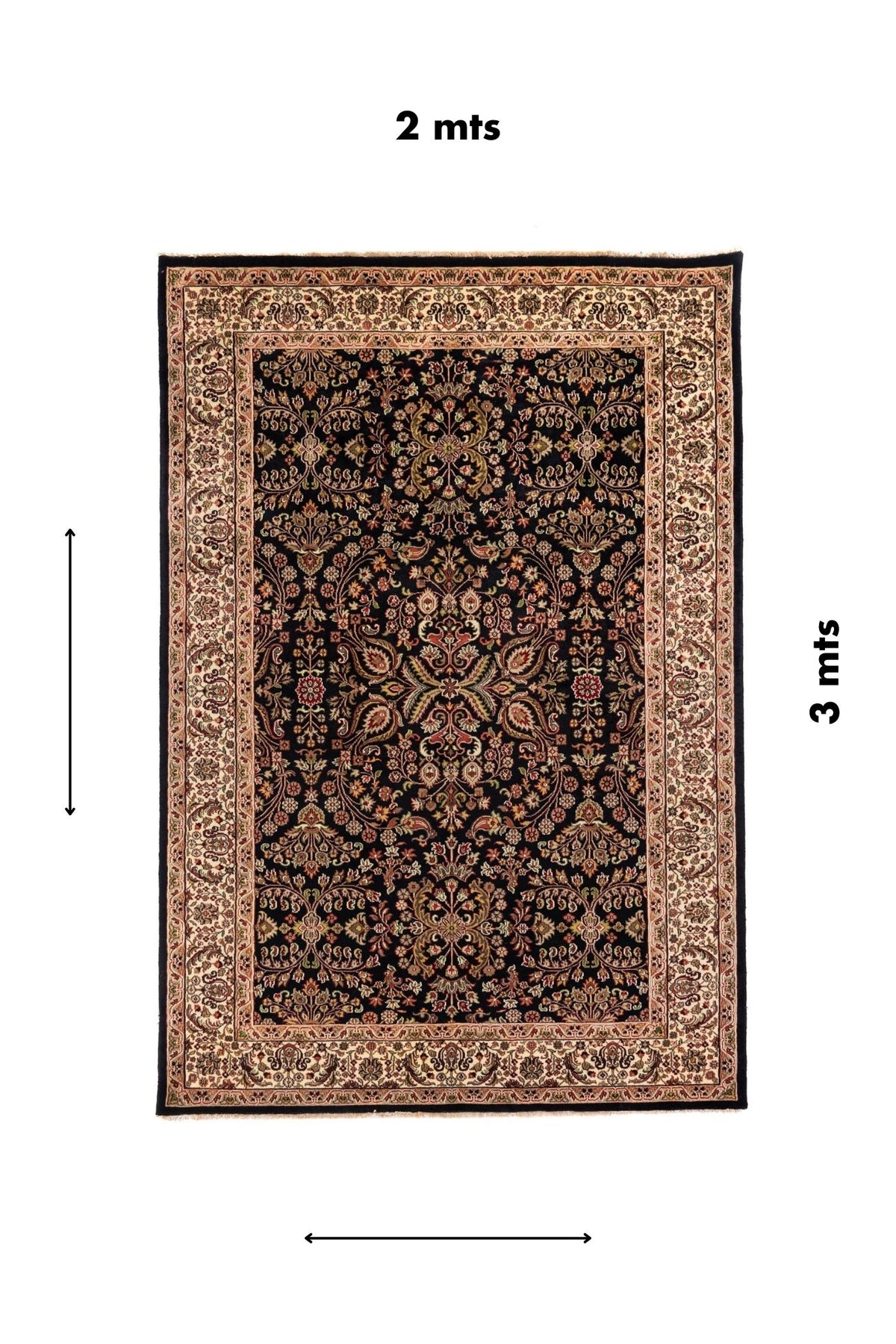 Alfombra rectangular de 2 x 3 metros en tonos negro, blanco suave, rojo y verde oliva, con diseño floral central y guardas clásicas ornamentales.