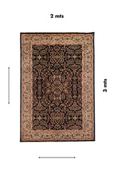 Alfombra rectangular de 2 x 3 metros en tonos negro, blanco suave, rojo y verde oliva, con diseño floral central y guardas clásicas ornamentales.