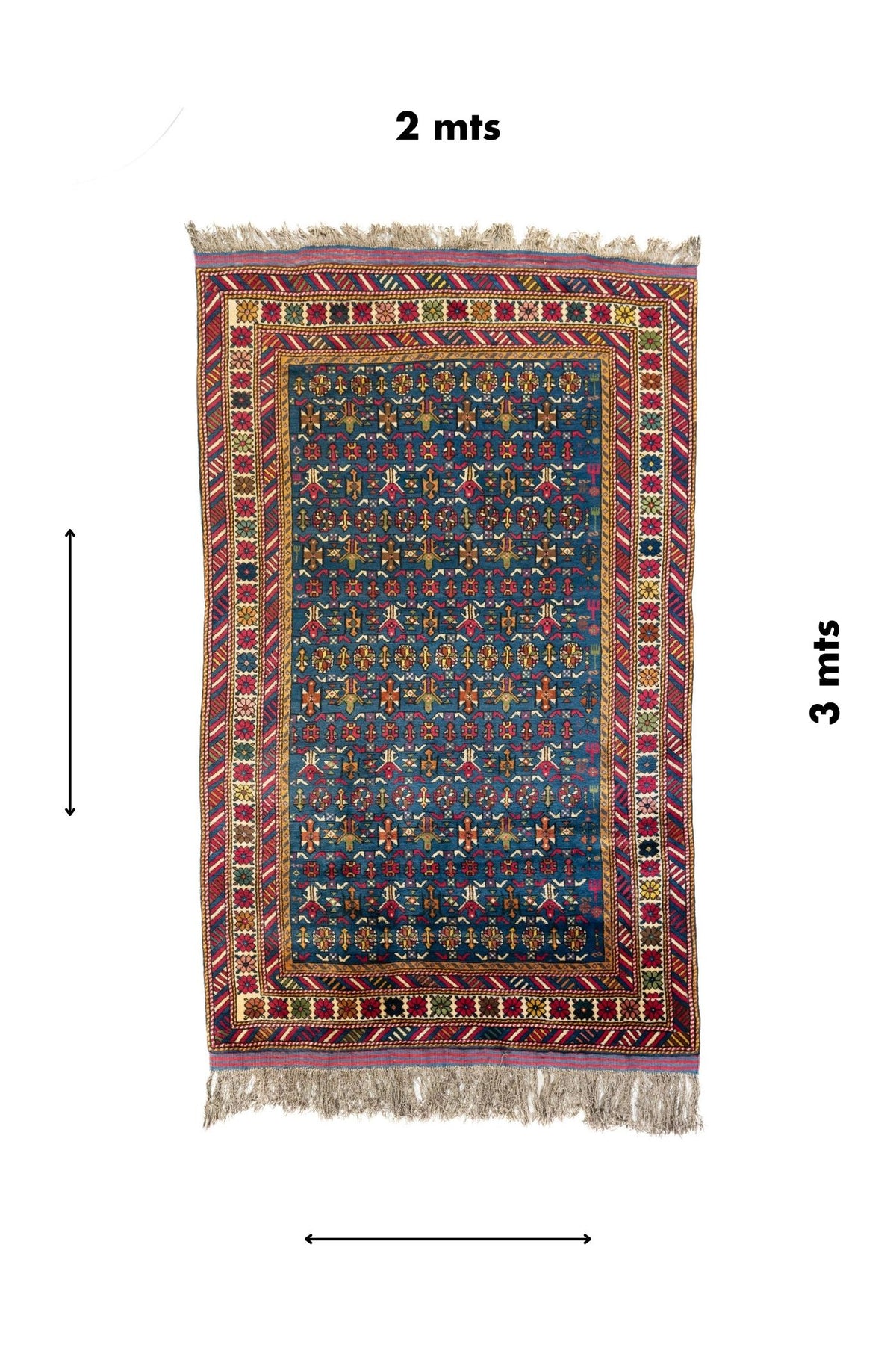 Alfombra oriental rectangular de 2 x 3 metros con fondo azul, diseño geométrico tradicional y referencia visual de medidas