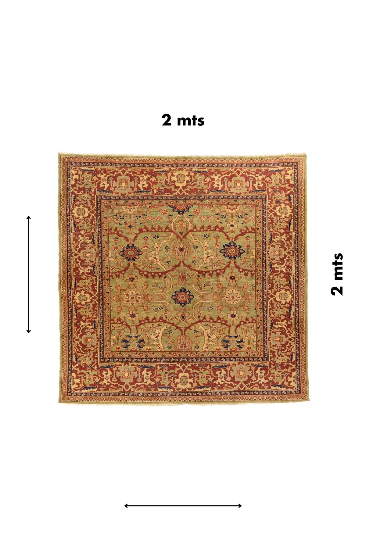Alfombra clásica verde oliva y rojo de 2 x 2 metros con diseño floral simétrico y guarda decorativa