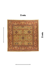Alfombra clásica verde oliva y rojo de 2 x 2 metros con diseño floral simétrico y guarda decorativa