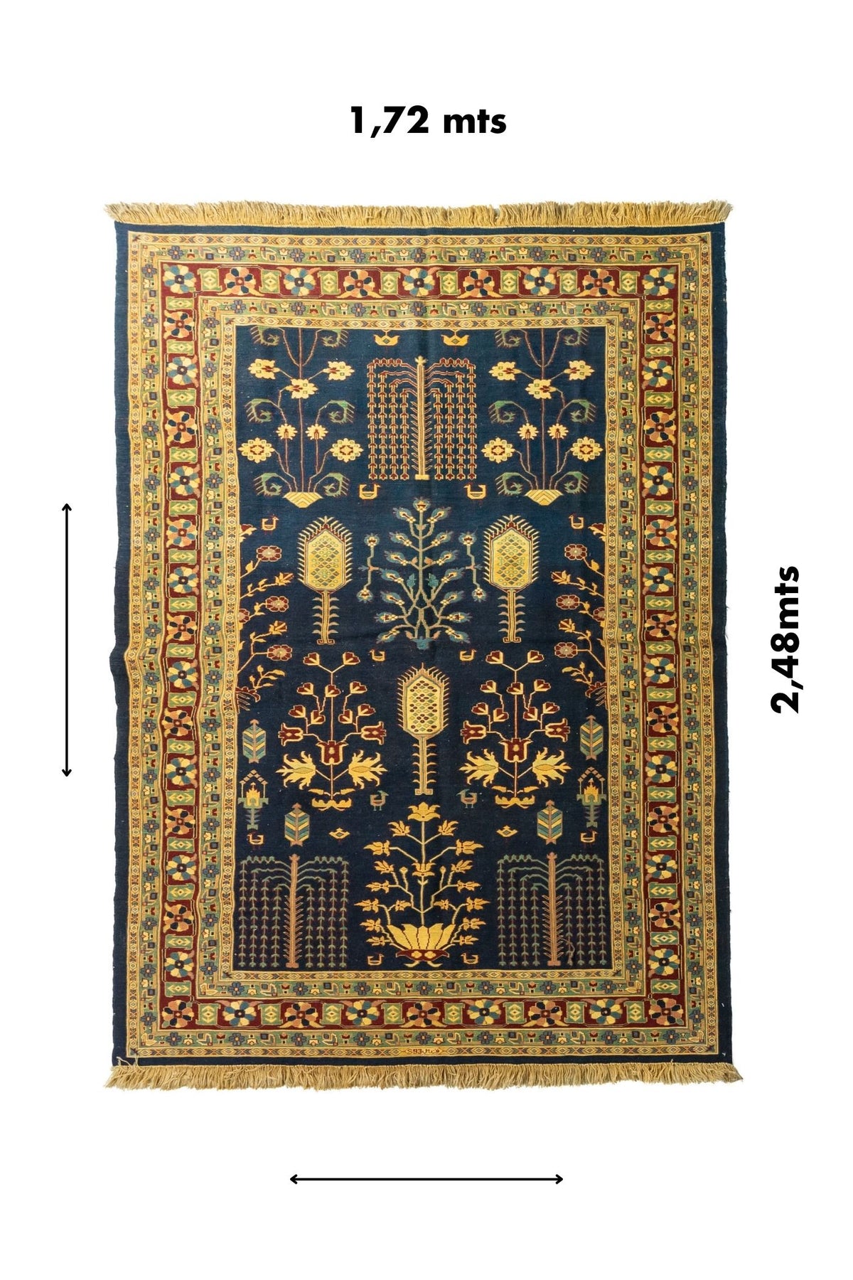 Alfombra rectangular azul oscuro de 1.72 x 2.48 metros con diseño floral ornamental y bordes decorativos